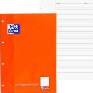 OXFORD Klausurenblock Schule A4 liniert weißer Rand links 50 Blatt gelocht mit Namens-Feld orange