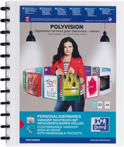 Oxford Ringmappe polyvision mit vario-zipp-Prinzip, mit 20 glasklaren PP-Hüllen 0,08 mm, Ring-Durchmesser 19 mm, weiß