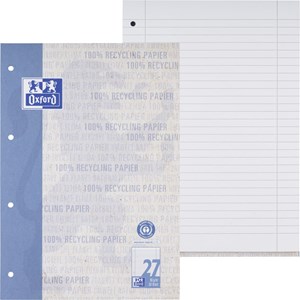Oxford Recycling Schulblock A4, kopfgeleimt, 50 Blatt, Lineatur 27 (liniert mit Rand links und rechts), Optik Paper®, 4fach gelocht