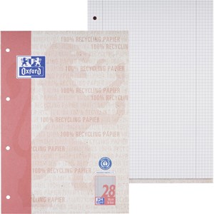Oxford Recycling Schulblock A4, kopfgeleimt, 50 Blatt, Lineatur 28 (kariert mit Rand links und rechts), Optik Paper®, 4fach gelocht